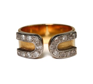 18k Yellow Gold Platinum and Diamond Double U Ring, Size 8