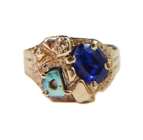 14k Yellow Gold Blue Sapphire and Opal Ring, Size 8