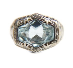 14k White Gold and Aquamarine Art Deco Ring, Size 3.5