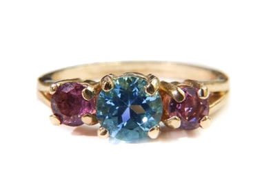 14k Yellow Gold Blue and Pink Topaz Ring, Size 6.5