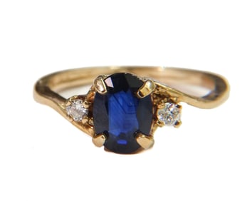 14k Yellow Gold Blue Sapphire and Diamond Ring, Size 6.5