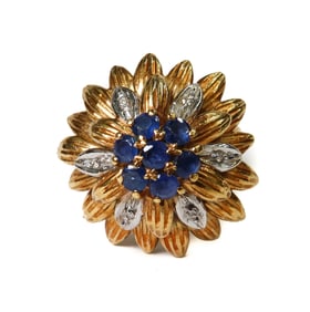 Italian 18k Yellow and White Gold Blue Topaz and White Sapphire Flower Ring, Size 4.5
