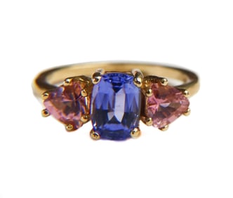 14k Yellow Gold Tanzanite and Pink Tourmaline Ring, Size 6.5