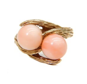 14k Yellow Gold and Angel Skin Coral Ring, Size 8.5