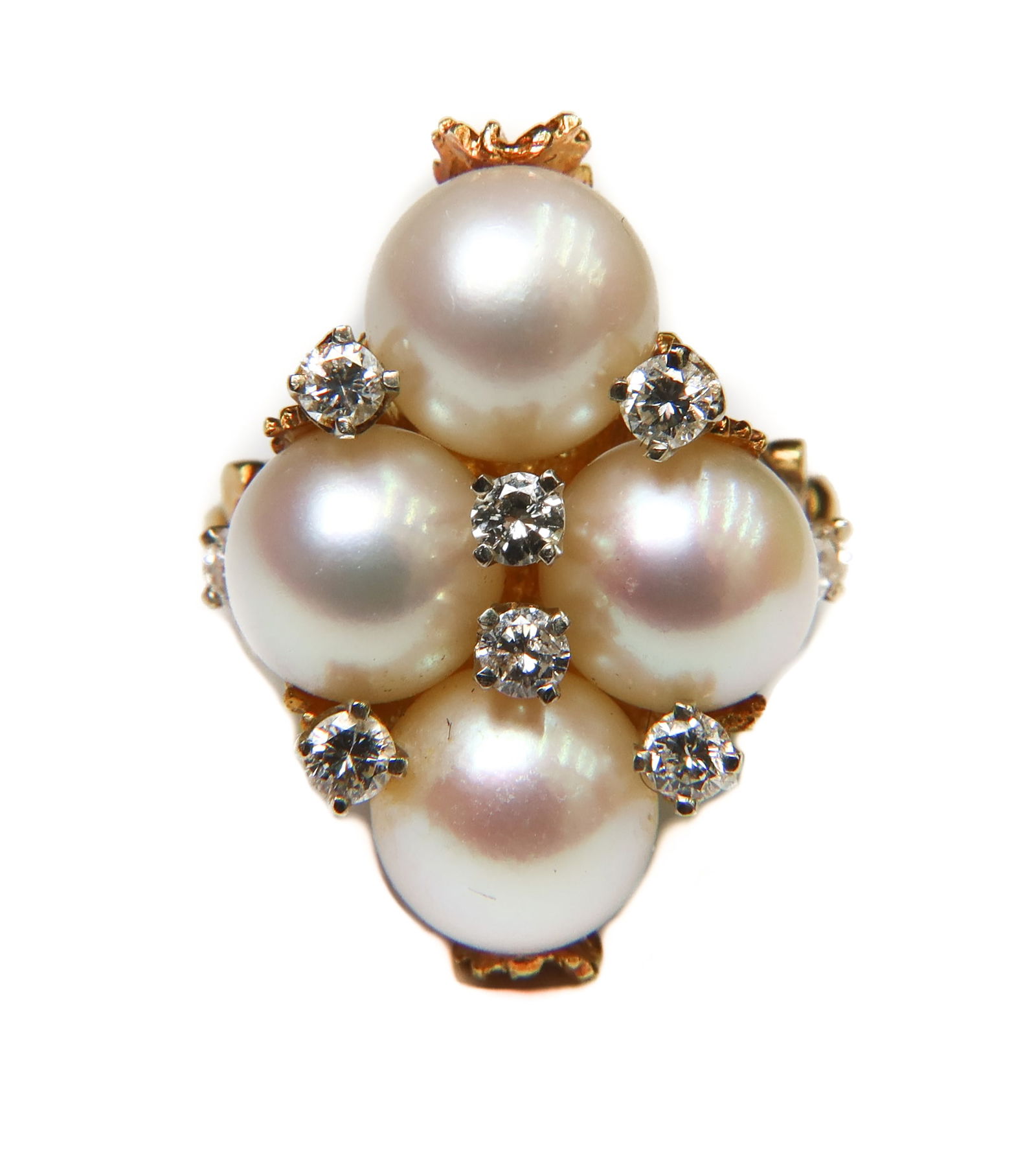 18k Yellow Gold Cultured Pearl and White Sapphire Cluster RIng, Size 6.5 (1 of 8)