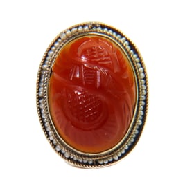 14k Yellow Gold Carved Carnelian and Seed Pearl Ring, Size 5.5