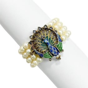 14k Gold and Enamel 4 Strand Peacock Bracelet