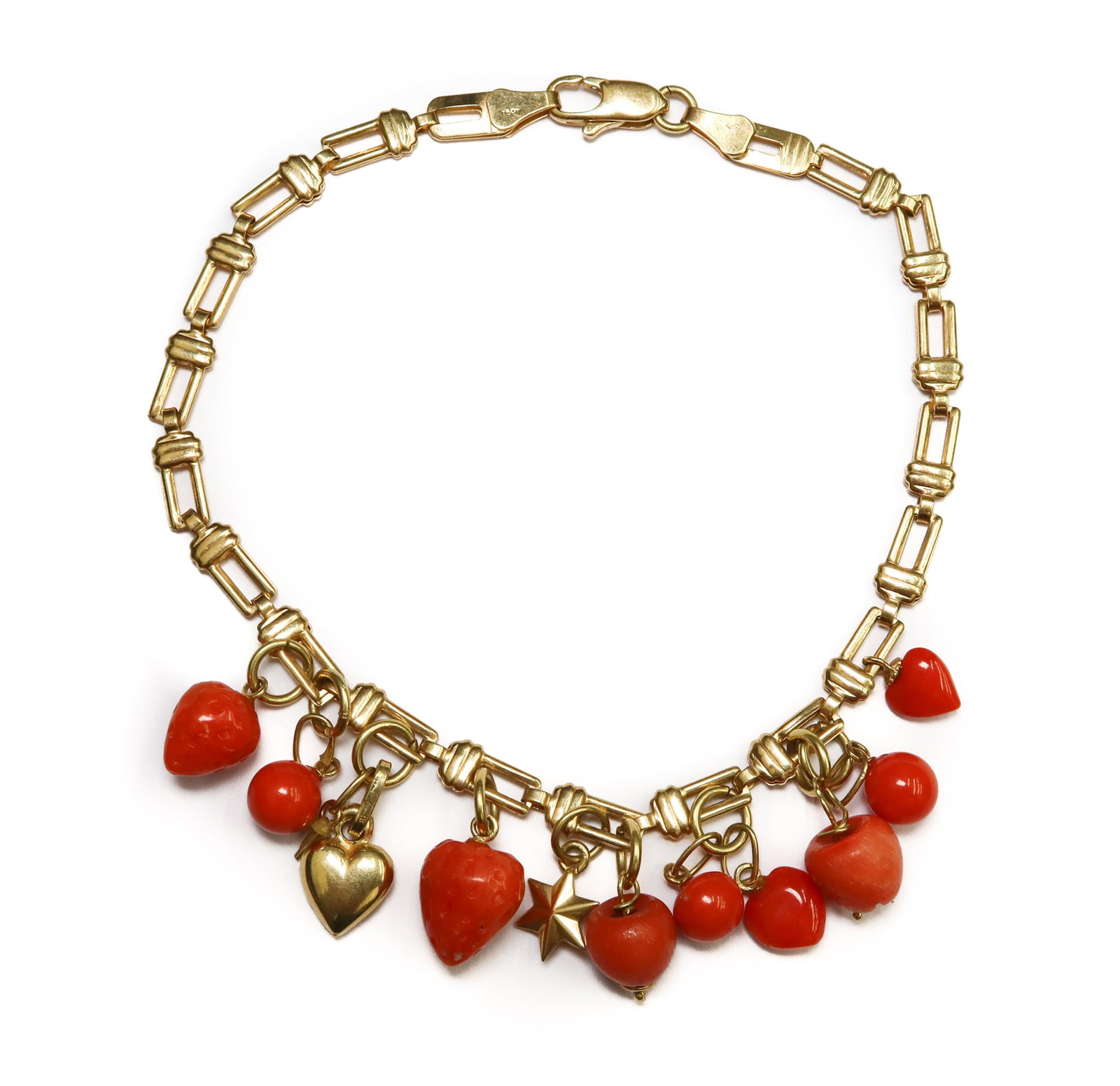 Italian 18k Yellow Gold and Carved Coral Bracelet 817 AR: Italian 18k Yellow Gold and Carved Coral Bracelet 817 AR. Carved coral straberries, apples, berries, hearts etc. with chain link strand. marked "750" and "817 AR" Weight Approx., 13.45 grams Measures 