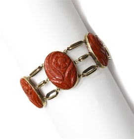 14k Yellow Gold Carved Jasper Paneled Bracelet