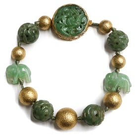 Chinese 14k Yellow Gold and Jade Beaded Bracelet