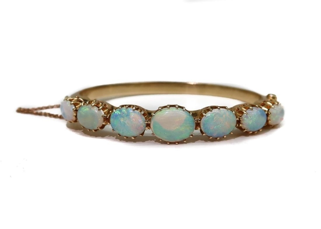 14k Yellow Gold White Opal Bangle Bracelet. (1 of 8)