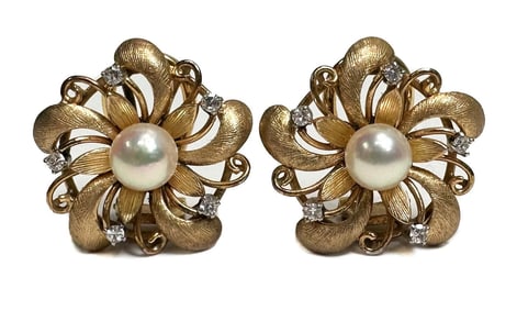 P.C. 14k Yellow Gold and Cultured Pearl and Diamond Flower Clip Earrings