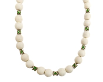 14k Yellow Gold Angel Skin Coral Guilloche Enamel and White Tourmaline Necklace