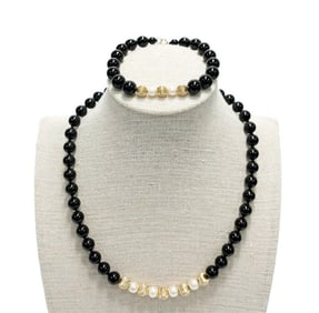 14k Yellow Gold 7.7mm Onyx, Pearl, and Silver Necklace and Bracelet.