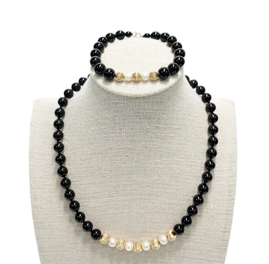 14k Yellow Gold 7.7mm Onyx, Pearl, and Silver Necklace and Bracelet. (1 of 7)