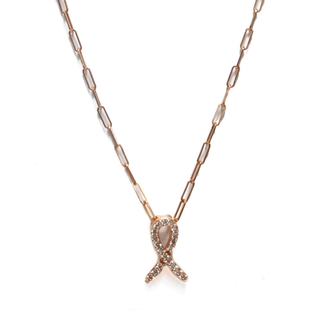 14k Rose Gold and Diamond Cancer Ribbon Necklace: 14k Rose Gold and Diamond Cancer Ribbon Necklace. 19 round cut diamonds weighing approximately 0.19 carats. 14k Indonesian marks to clasp. Weight Approx., 2.56 grams Measures Approx., 18 inches length