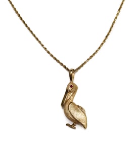 14k Yellow Gold and Ruby Pelican Pendant Rope Chain Necklace