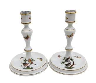 Pair Herend Hungary Rothschild Porcelain Candelabras Hand Painted Birds and Insects