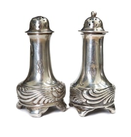 Tiffany & Co. Makers Sterling Silver Footed Miniature Salt and Pepper Shakers #9852 Wave Edge