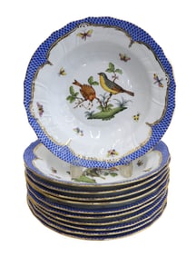 12 Herend Hungary Porcelain Soup Bowls in Rothschild Bird Blue Border, 1948