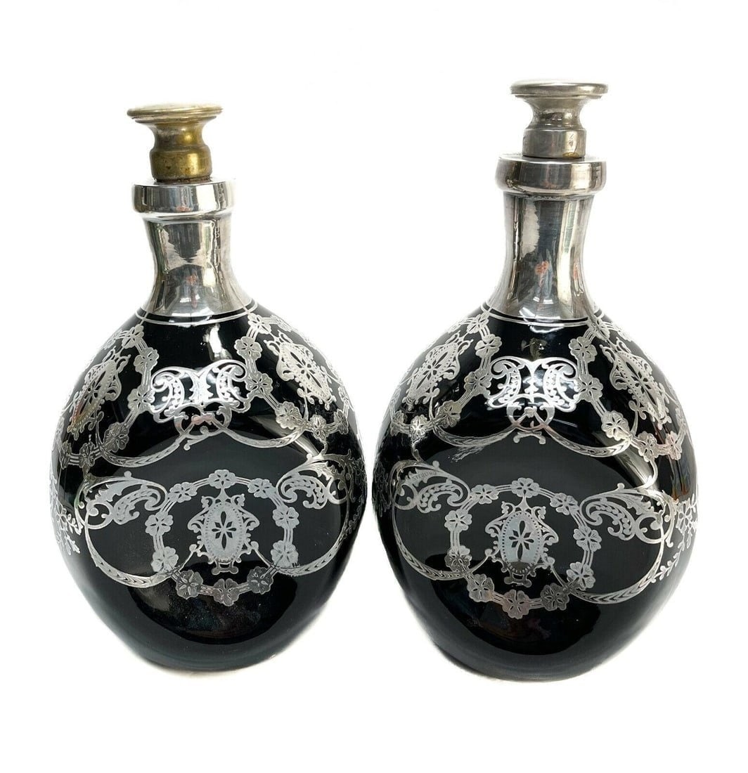 Pair American Sterling Silver Overlay Black Opaque Glass Decanters, circa 1920 (1 of 5)