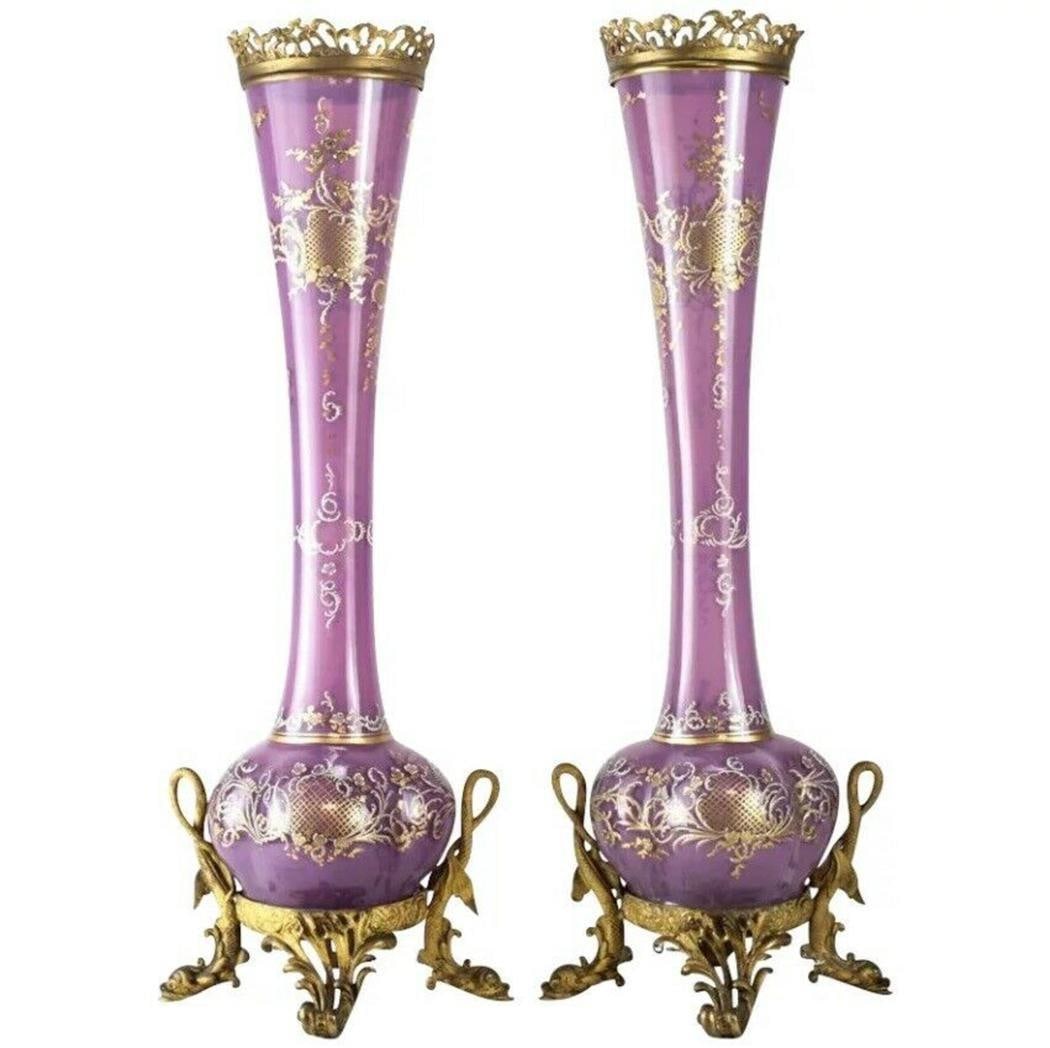 Loetz Enamelled Gilt Glass Vases, Bronze Mounts 19th Century: A large and impressive pair of Austrian purple glass vases with four sided bulbous formed base and rich raised gilt & enamel decoration by Loetz. Quality bronze mounts to the rim and base, dolphin for