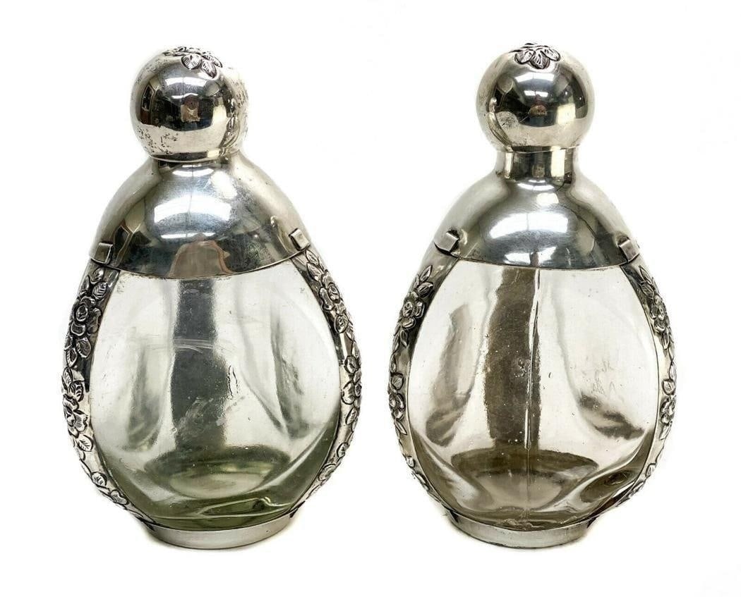 Pair Maciel Mexico Sterling Silver Overlay and Glass 3 Walled Pinched Decanters (1 of 8)