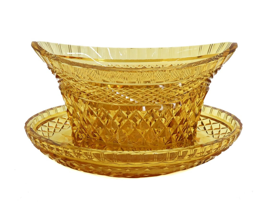 English Amber Cut Glass Sweet Meat Bowl and Underplate circa 1900 (1 of 8)