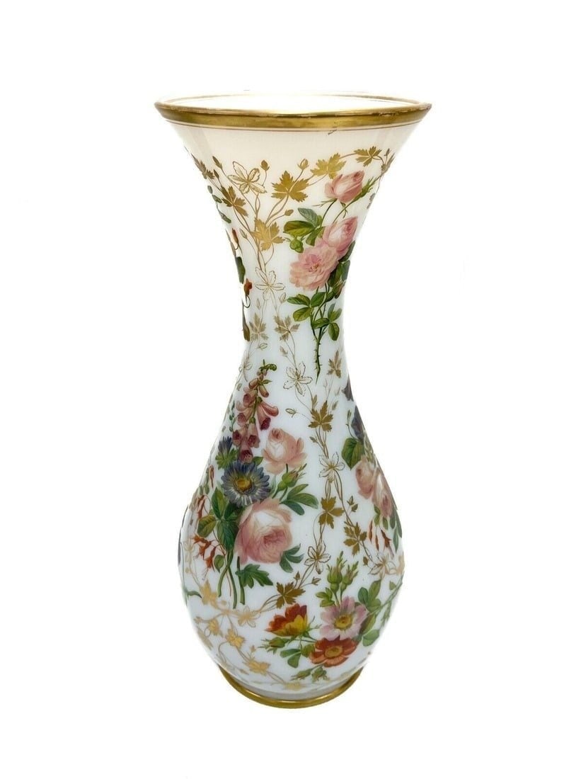 Baccarat French White Opaline Glass Hand Painted Floral Vase, circa 1900 (1 of 9)