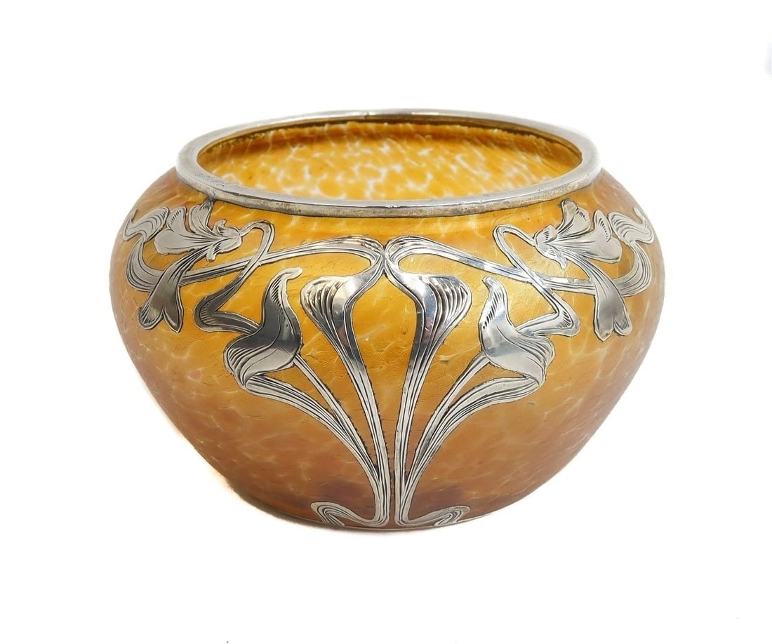 Loetz Papillion Glass Sterling Silver Overlay Vase: Loetz Papillon Glass Sterling Silver Overlay Vase. Amber papillon spots throughout with art nouveau flowers to center. Monogrammed "AMD" to top rim. Marked "Sterling" towards base. Weight Approx., 1 l