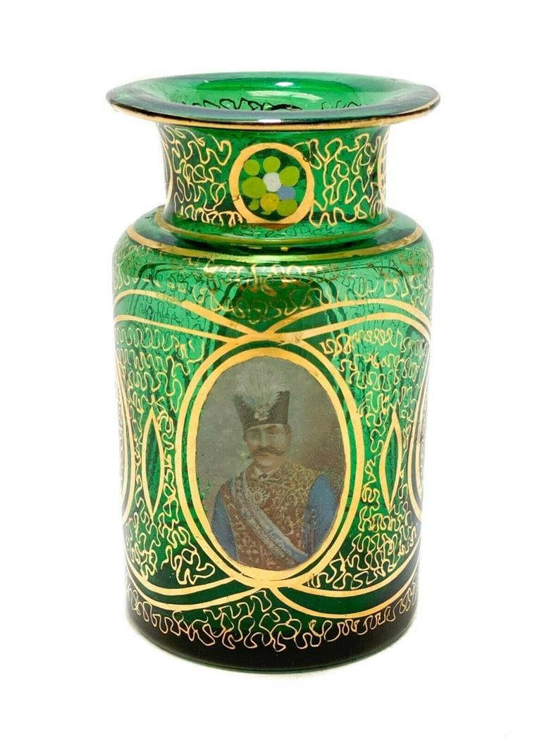 Boheman Green Art Glass Hand Painted Portrait Vase, Gilt Accents circa 1920 (1 of 3)