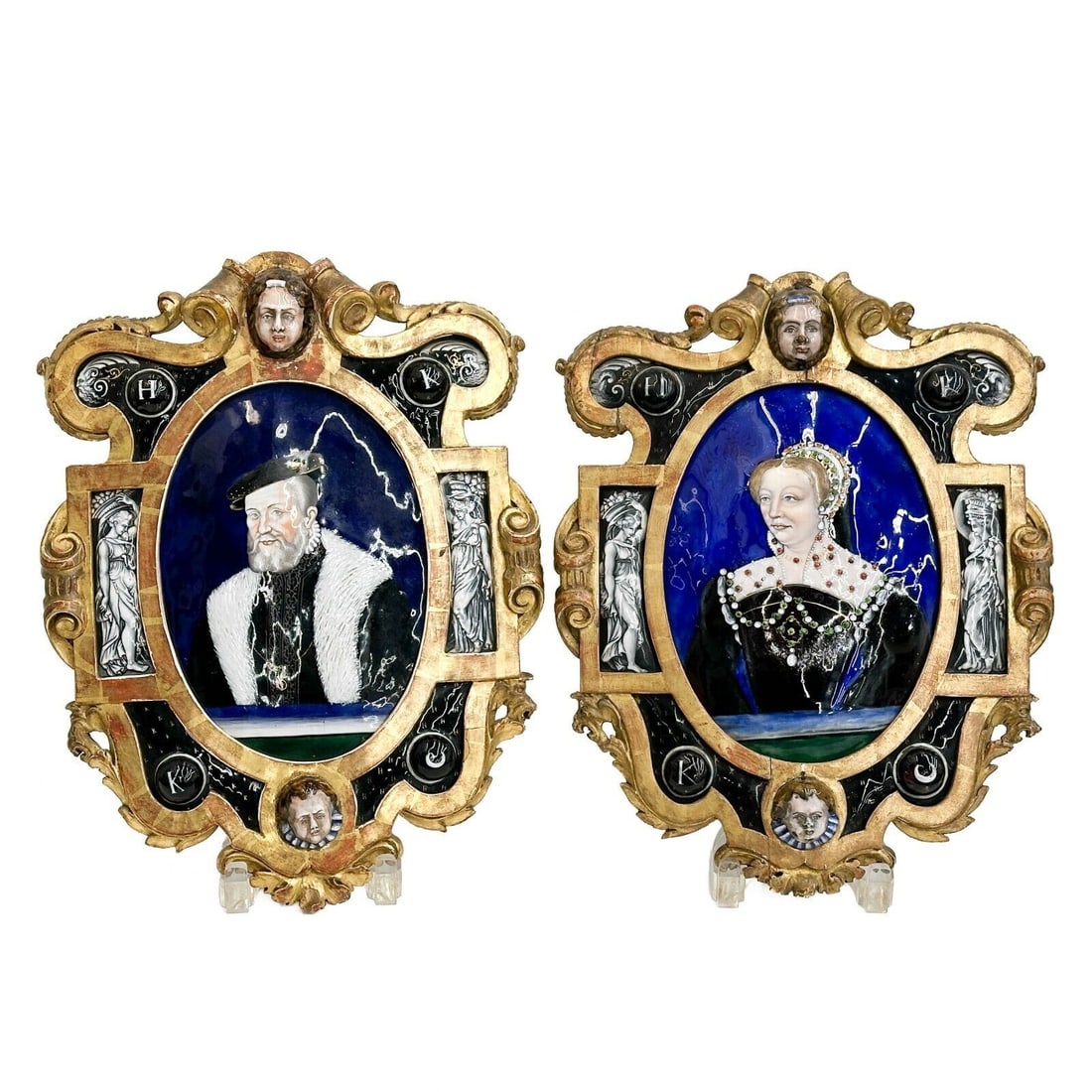 Pair Limoges Enamel Copper Portrait Plaques Catherine de Medici Duke Montmorency (1 of 10)