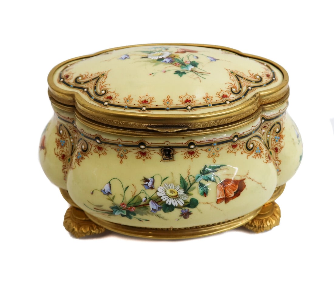 Continental Porcelain Hand Painted Footed Dresser Box with Key, Florals. 19th C. (1 of 10)
