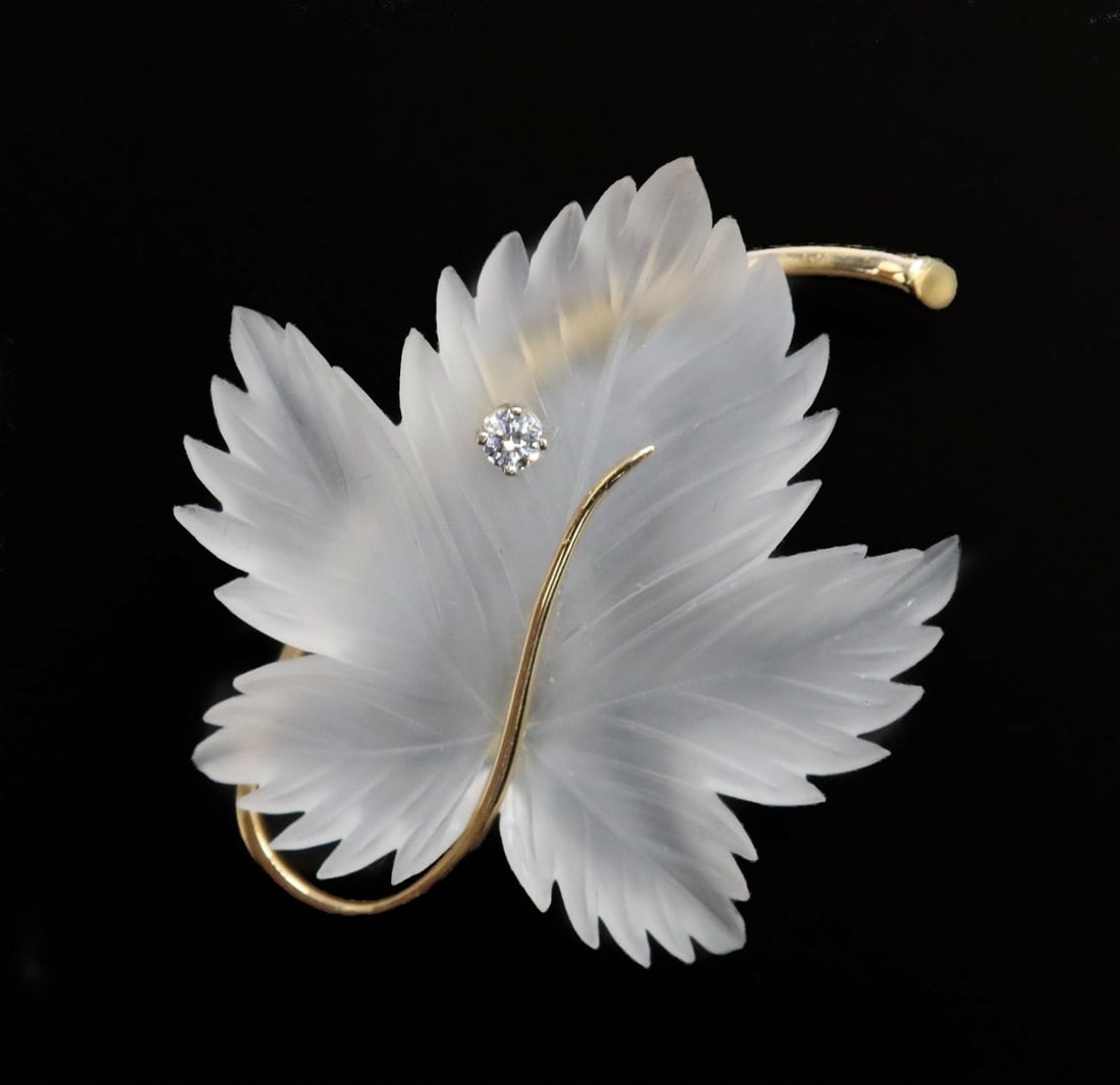 14k Yellow Gold Carved Rock Crystal and Diamond Maple Leaf Pin Brooch (1 of 11)