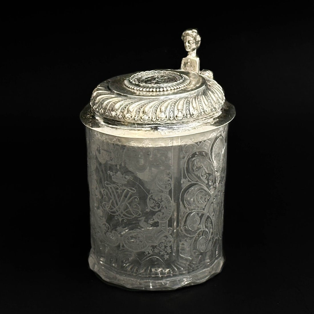 Danish Coin Inset Silver Mounted Etched Glass Tankard circa 1740 (1 of 8)