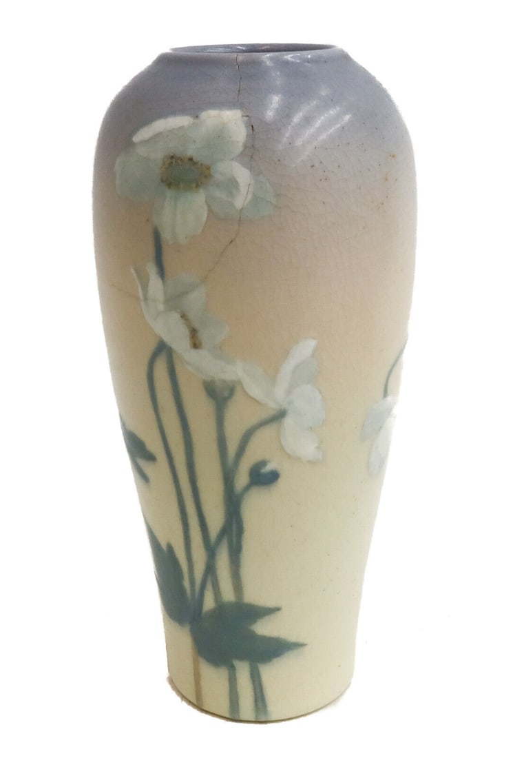 Rookwood Vellum Porcelain Vase by Charles Jasper McLaughlin 1913 #2033E V: Rookwood Vellum Porcelain Vase by Charles Jasper McLaughlin 1913 #2033E V. A pink and grey ground with hand painted white flowers throughout. Rookwood mark to underside with model number #2033E and ar