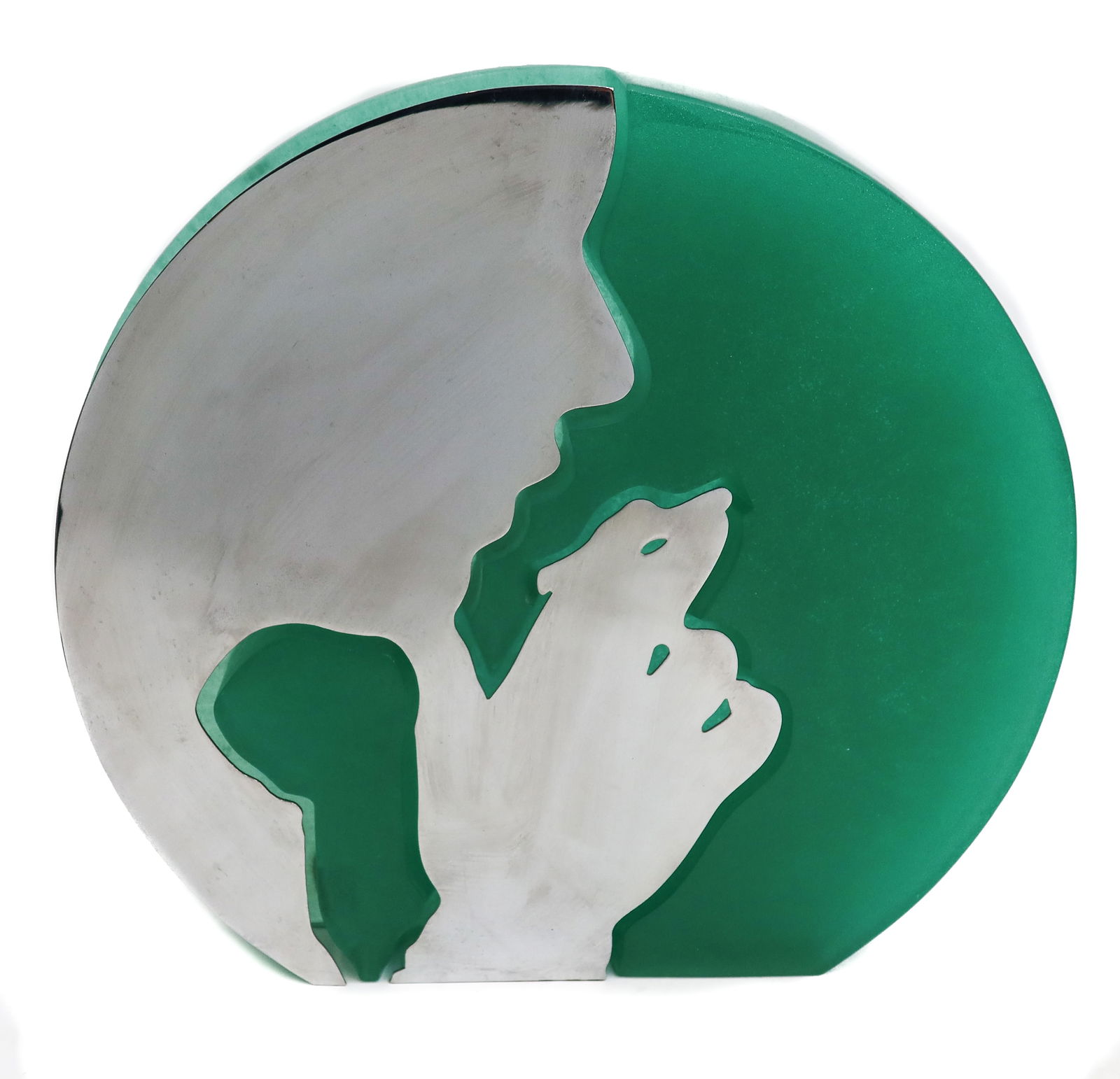 Daum Pate De Verre Art Glass Chrome Sculpture Ombre Verte by Lourdes Castro Ltd: Daum Pate De Verre art glass and chrome scultpure, Ombre Verte by Lourdes Castro, 1974. The sculpture depicts a mirrored chrome silhouette of a man smoking. Mounted to a green pate de verre glass base