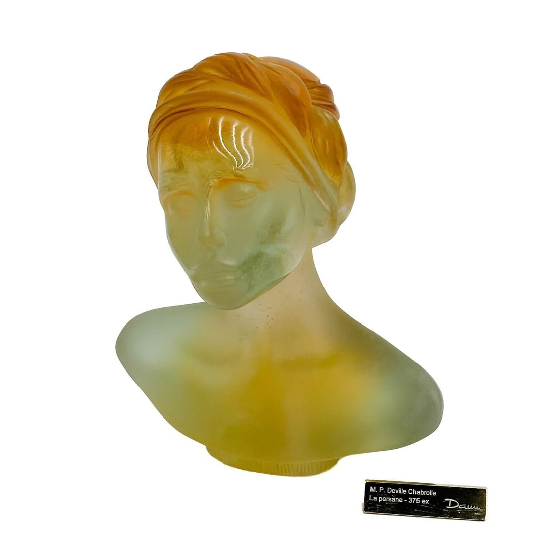 Daum Pate de Verre Art Glass Sculpture La Persane by MP Deville Chabrolle Ltd Ed: Daum Pate-de-Verre Art Glass Sculpture La Persane by MP Deville Chabrolle Ltd Ed/375. Yellow and green pate-de-verre art glass sculpture depicting a woman with her eyes closed. Back marked with artist