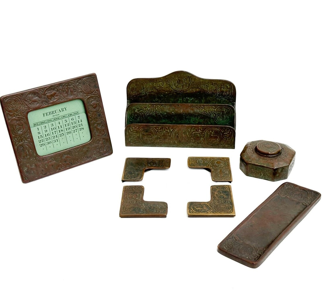 5pc Tiffany Studios Bronze Desk Set in Zodiac #418 #943 #996 #415 circa 1900 (1 of 11)