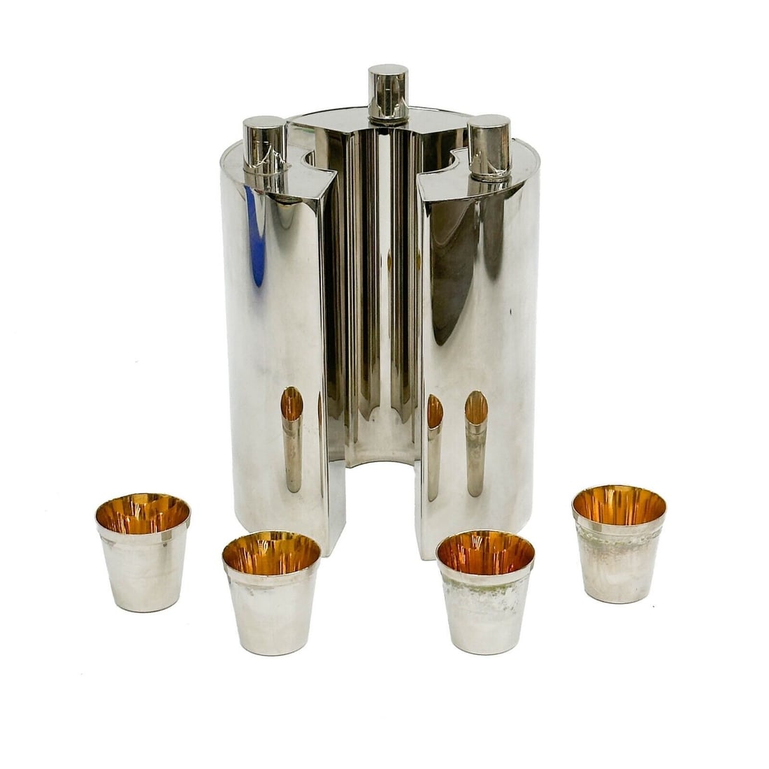 German Dunhill Silverplate Travel Flask Liquor Set with Case circa 1930: German Dunhill Travel Flask Liquor Set with Case, circa 1930. Set of 3 flasks, 4 shot glasses. Set in a fitted leather case. Underside marked Made in Germany. Gilt interior Case marked Made in Germany