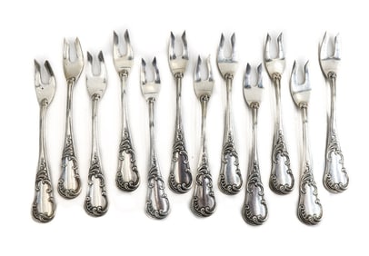12 Buccellati Sterling Silver Cocktail or Seafood Forks in Quirinale, Scrolls