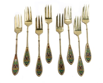 8 JGK Norwegian Gilt Sterling Silver Plique A Jour Fish Forks