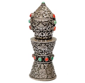 Tibetan Silver Wax Seal Shanka Mounted Coral & Turquoise Stones
