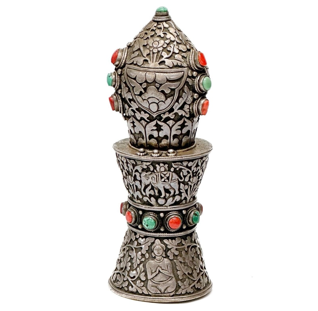 Tibetan Silver Wax Seal Shanka Mounted Coral & Turquoise Stones (1 of 5)
