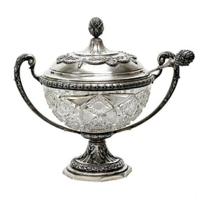 Deyhle Gebrüder German 900 Silver American Brilliant Cut Glass Punch Bowl &Ladle