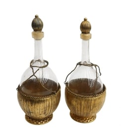 Pair Italian Gilt Silver Overlay and Gold Fleck Glass Bottles.