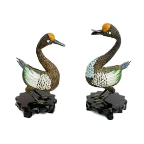Pair Chinese Gilt Silver Filigree & Enamel Geese Birds Figurines circa 1950