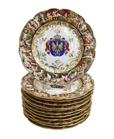 12 Capodimonte Porcelain 10.5 inch Armorial Plates circa 1940 Raised Figures