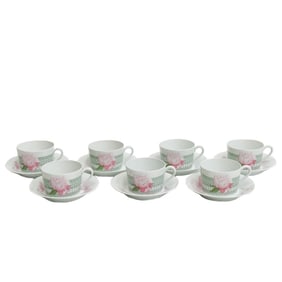7 Hermes France Porcelain Tea Coffee Breakfast Cups Saucers Les Pivoines Pink