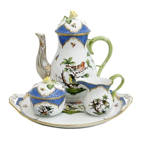 4pc Herend Rothschild Birds Hand Painted Porcelain Blue Scale Coffee Set